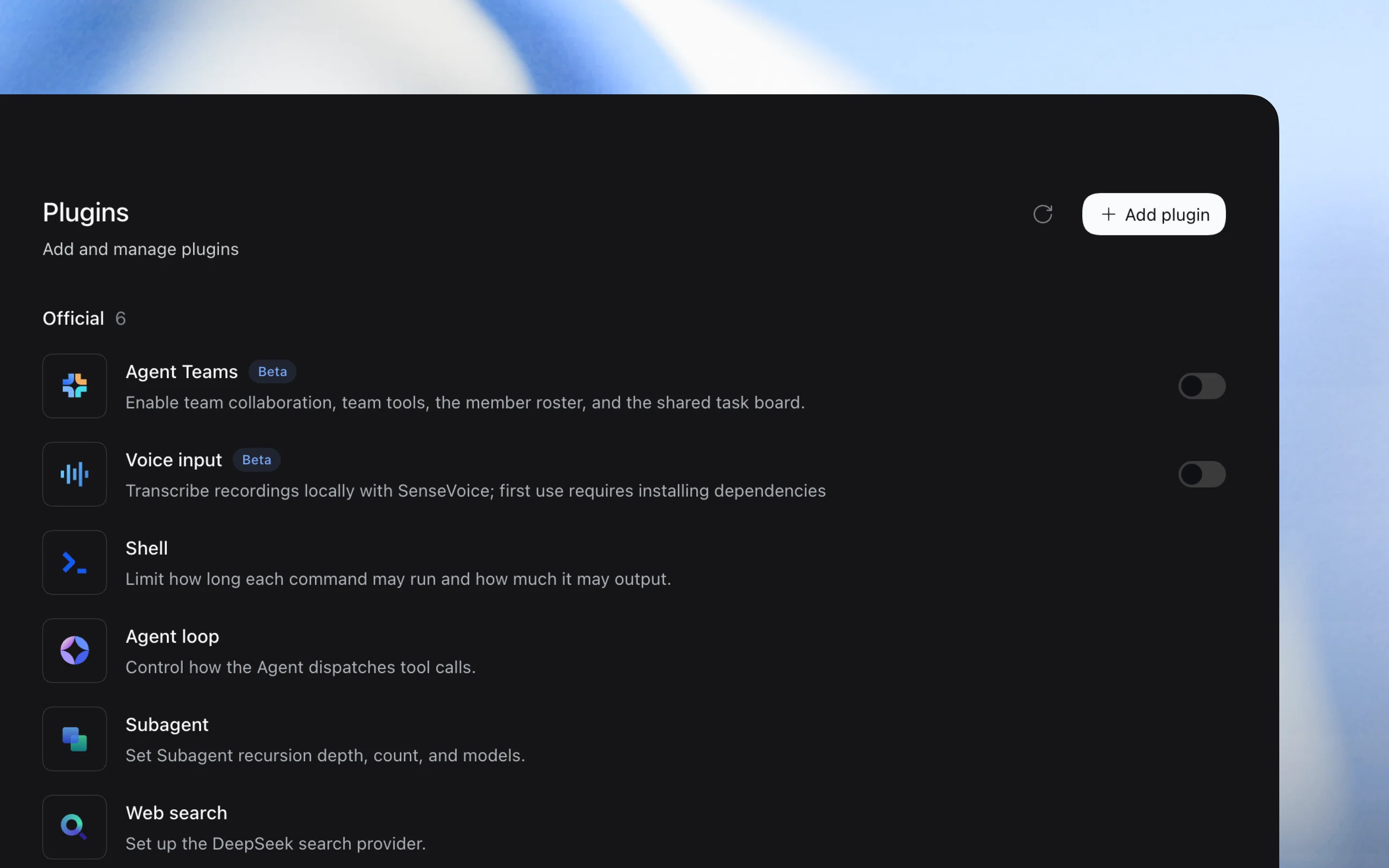 DeepSeek Harness plugin manager showing official plugins and the Add plugin action